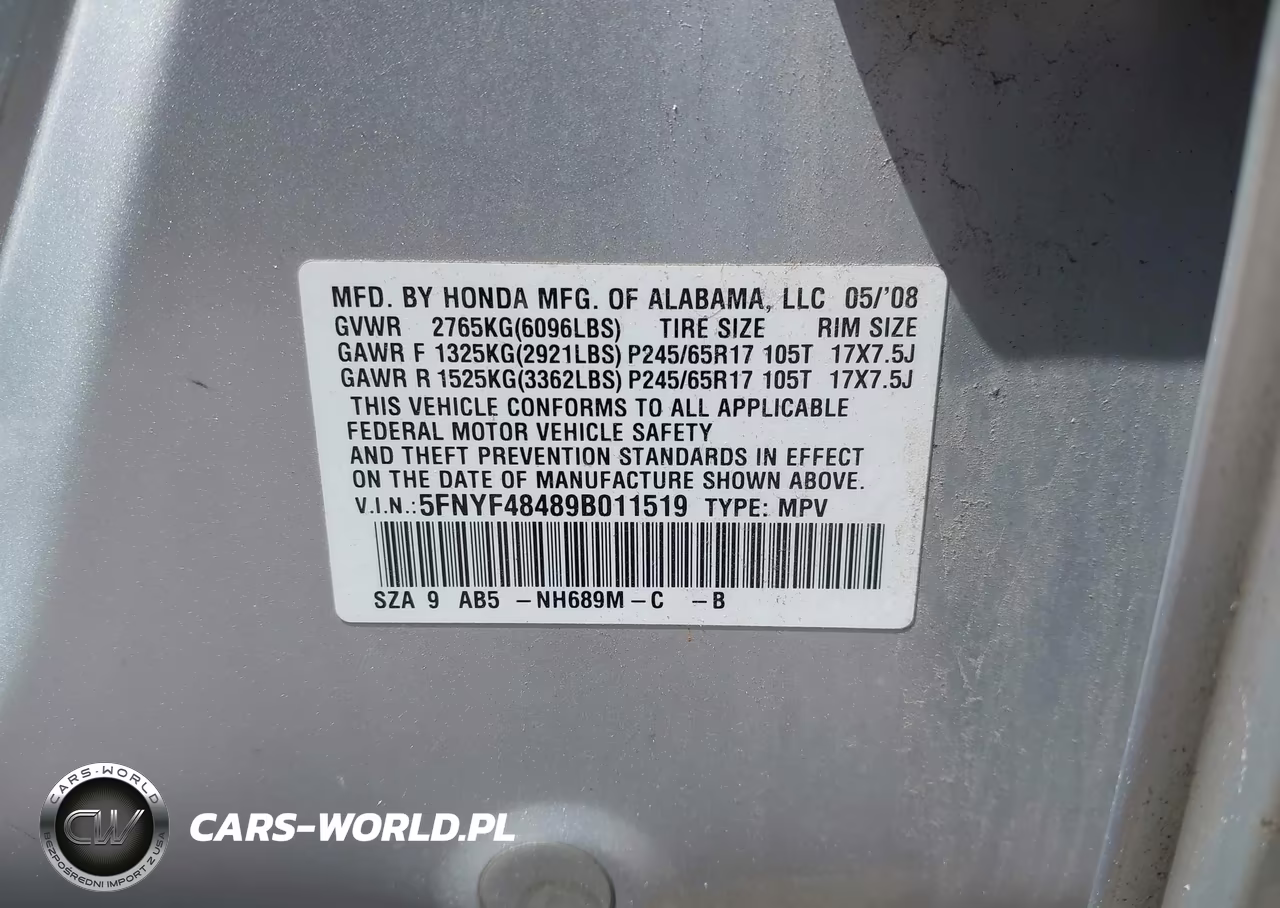2009 Honda Pilot Ex VIN:5FNYF48489B011519 - 9