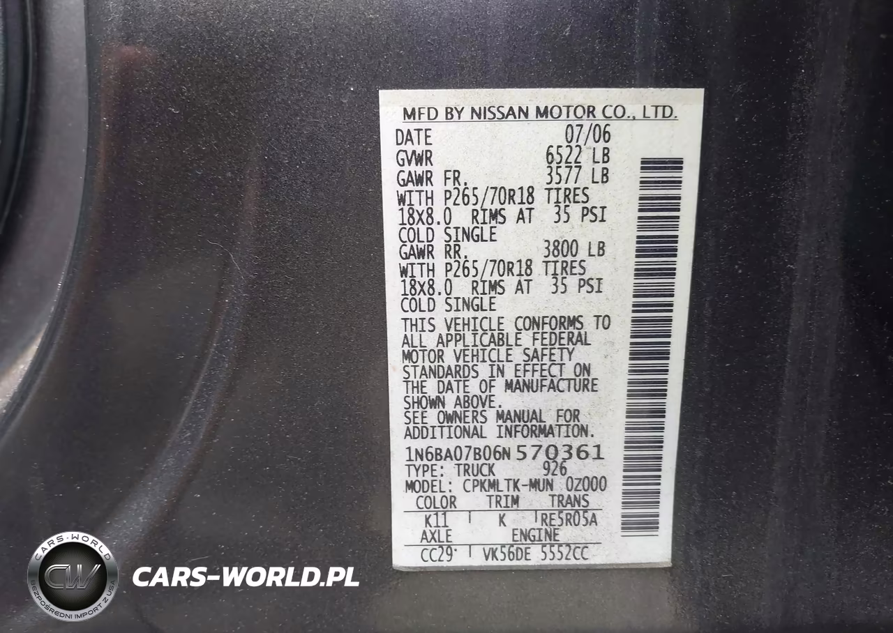 2006 Nissan Titan Se VIN:1N6BA07B06N570361 - 9