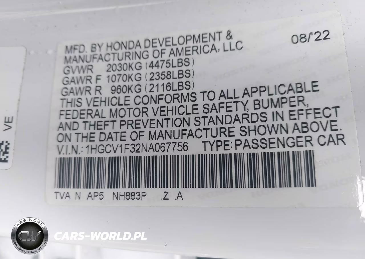 2022 Honda Accord Sport VIN:1HGCV1F32NA067756 - 9
