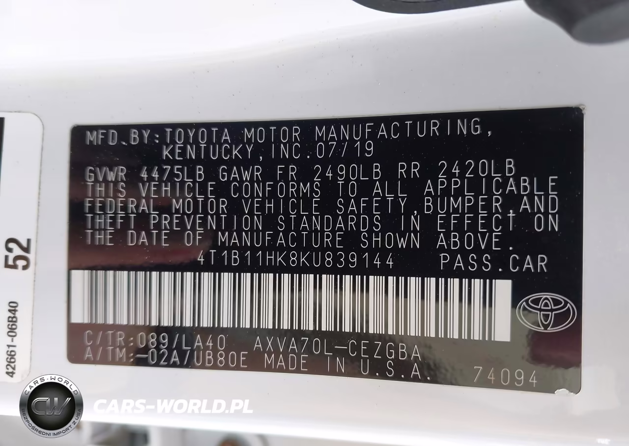 2019 Toyota Camry Xle VIN:4T1B11HK8KU839144 - 9