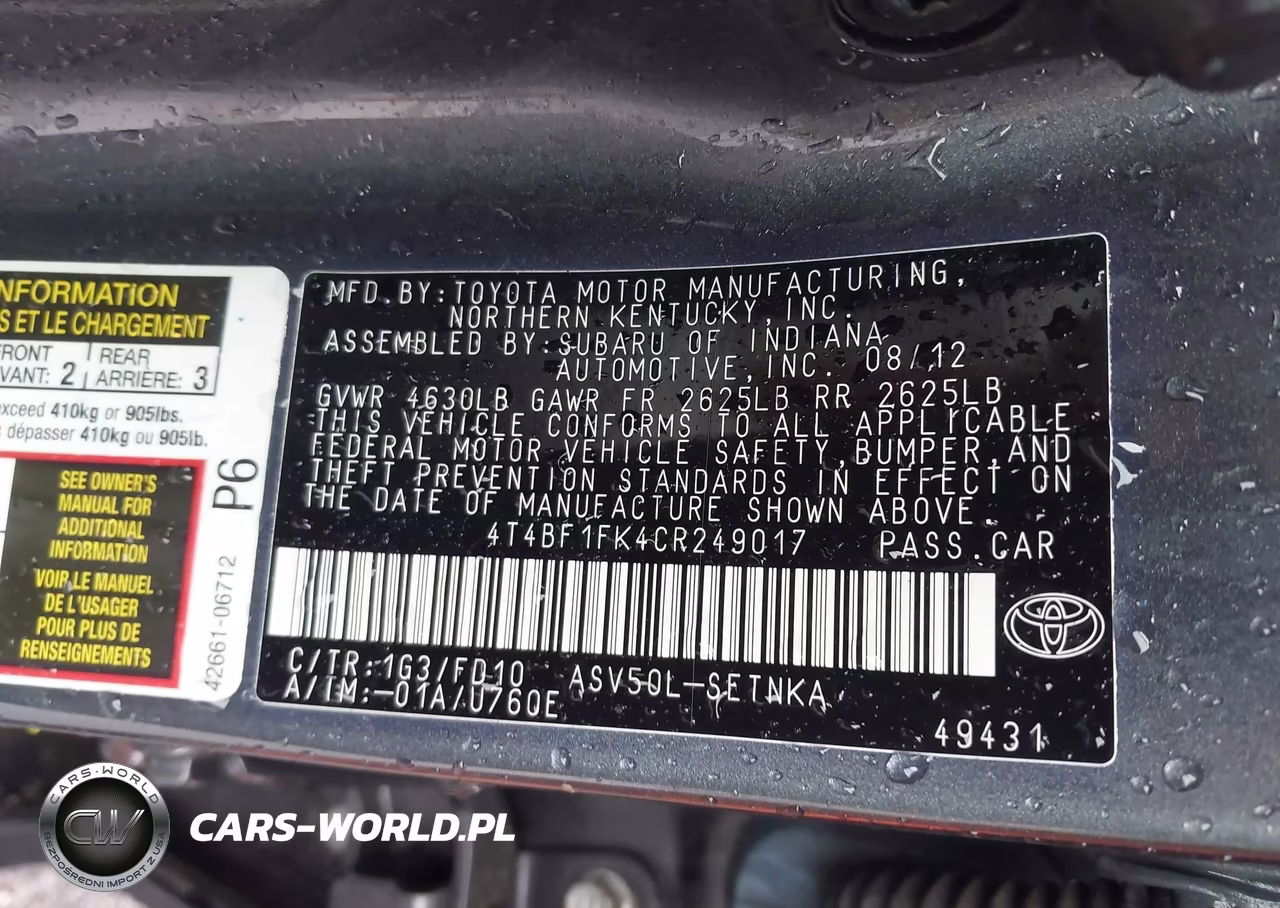 2012 Toyota Camry Le VIN:4T4BF1FK4CR249017 - 9