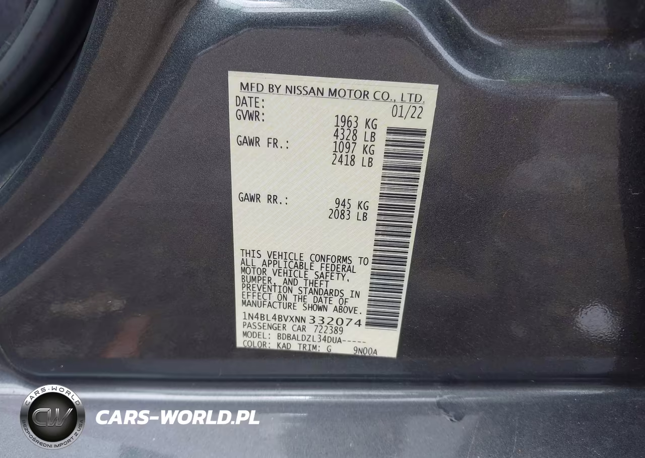 2022 Nissan Altima S Fwd VIN:1N4BL4BVXNN332074 - 9