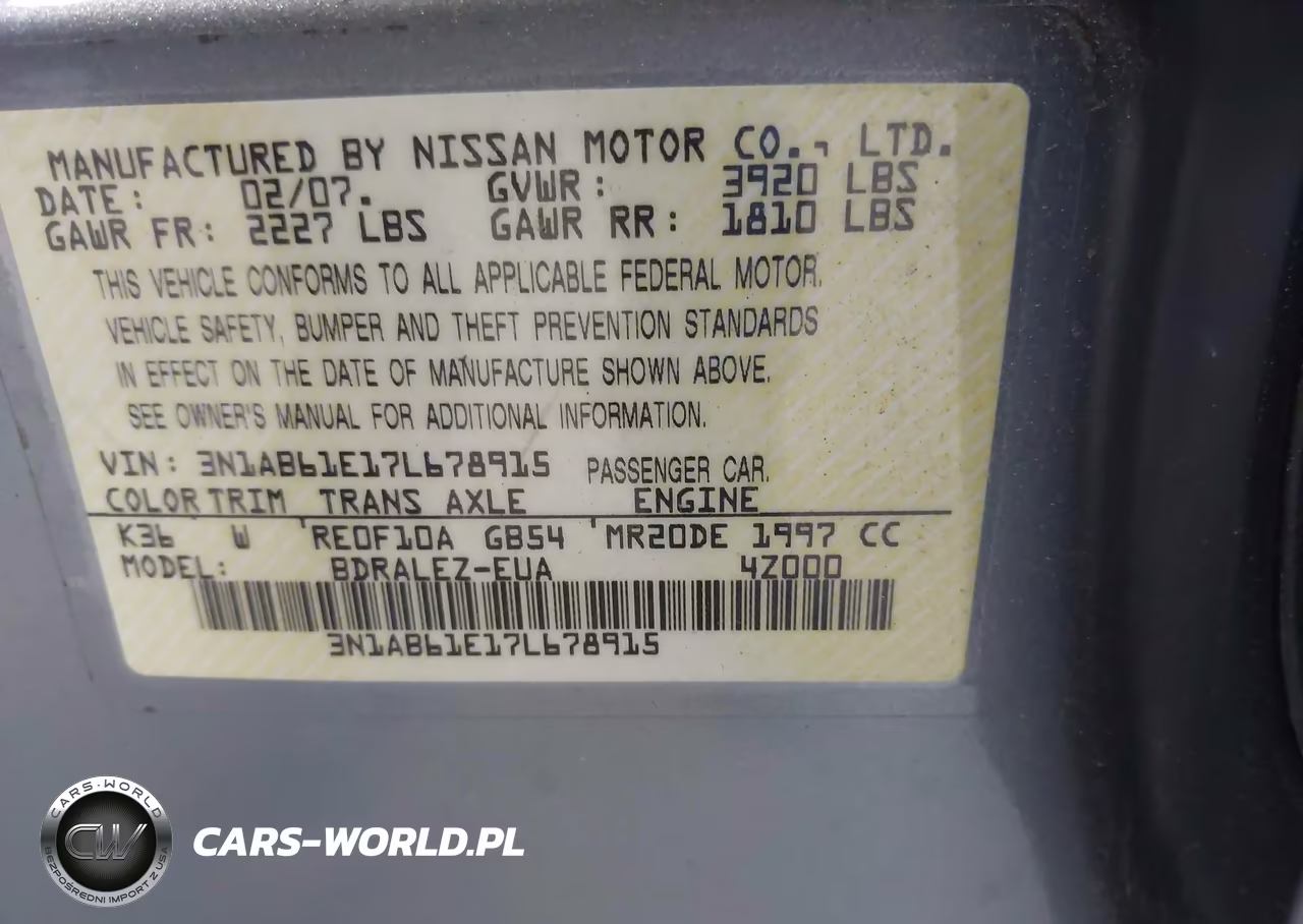 2007 Nissan Sentra 2.0S VIN:3N1AB61E17L678915 - 9