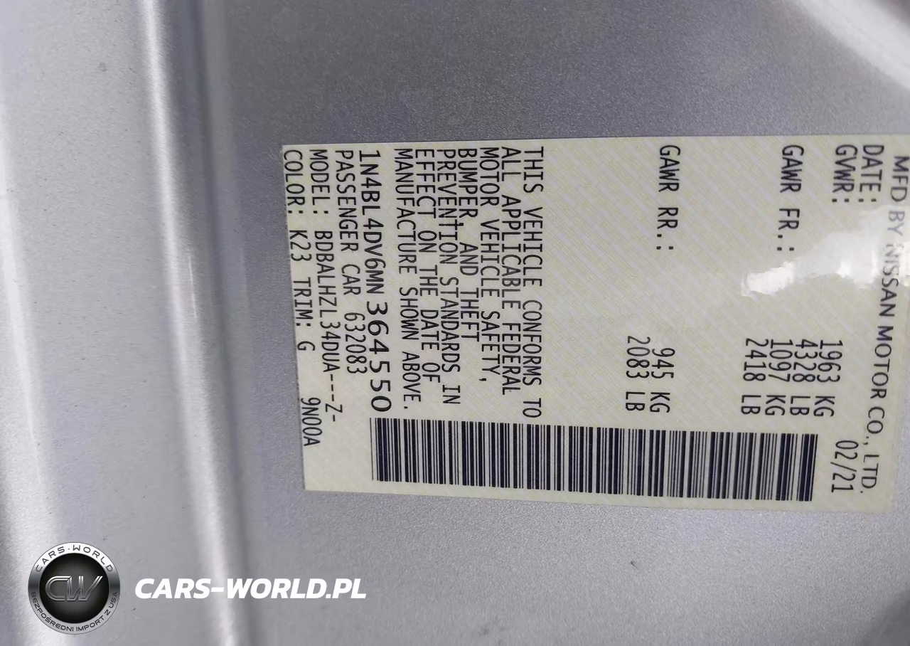 2021 Nissan Altima Sv Fwd VIN:1N4BL4DV6MN364550 - 9