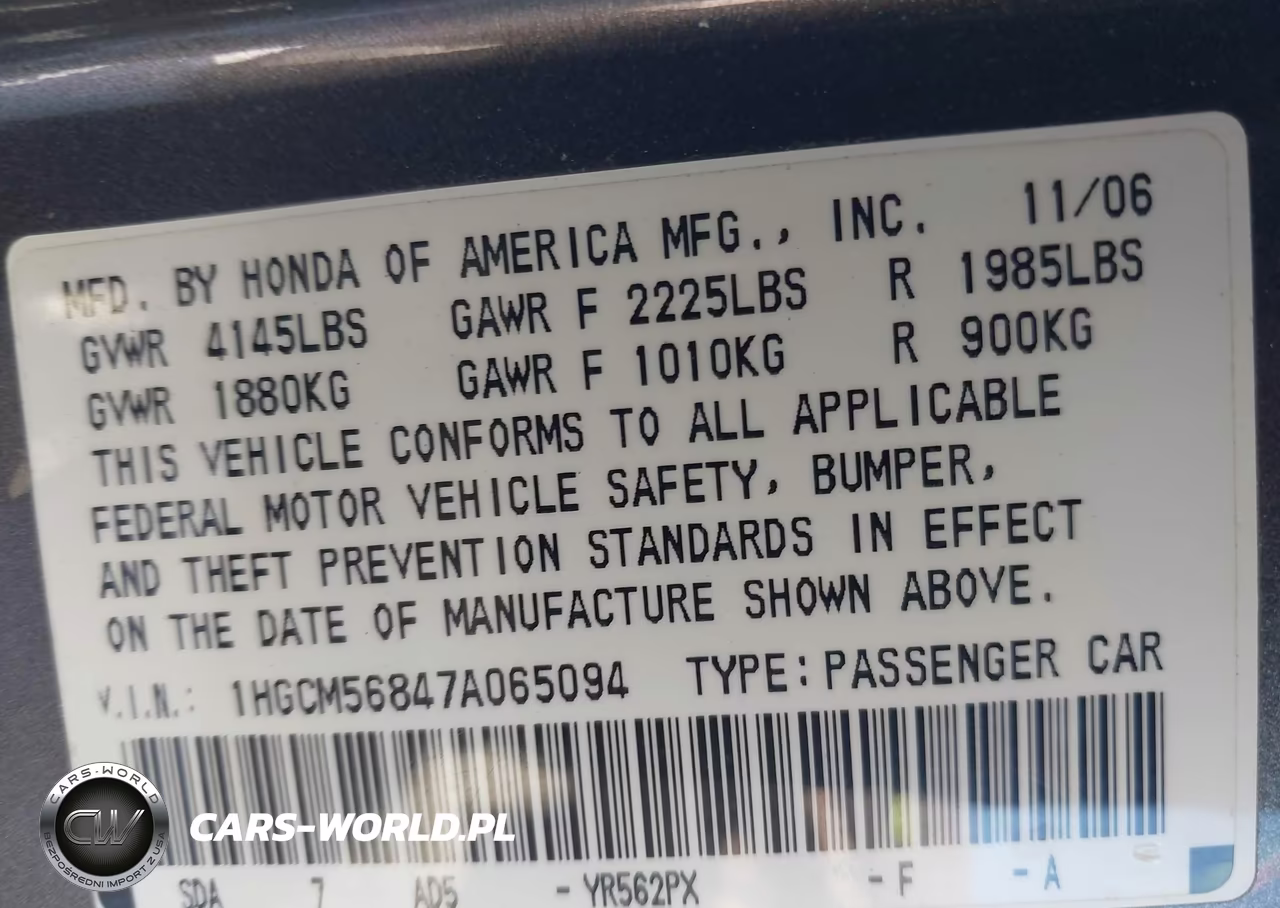 2007 Honda Accord 2.4 Ex VIN:1HGCM56847A065094 - 9