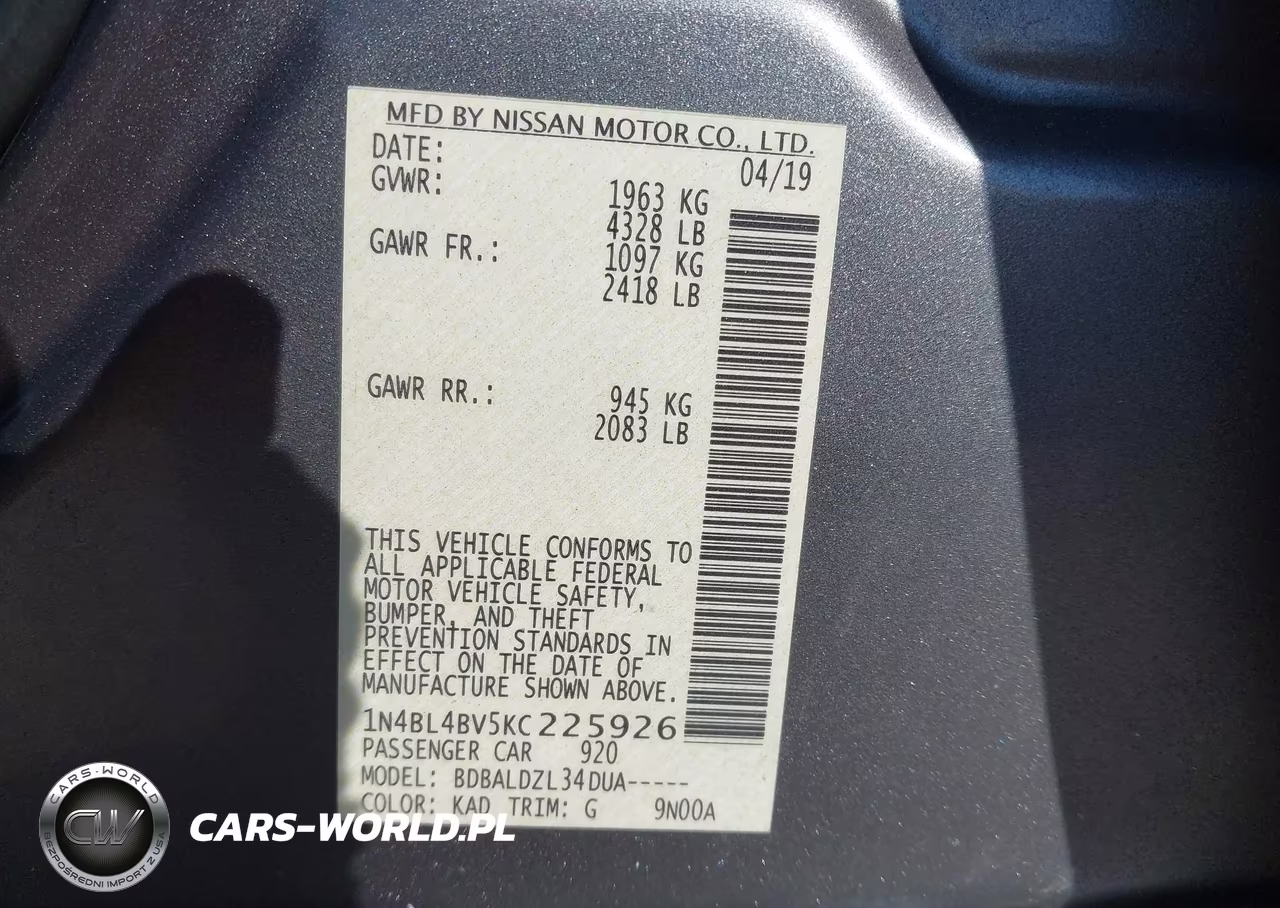 2019 Nissan Altima 2.5 S VIN:1N4BL4BV5KC225926 - 9