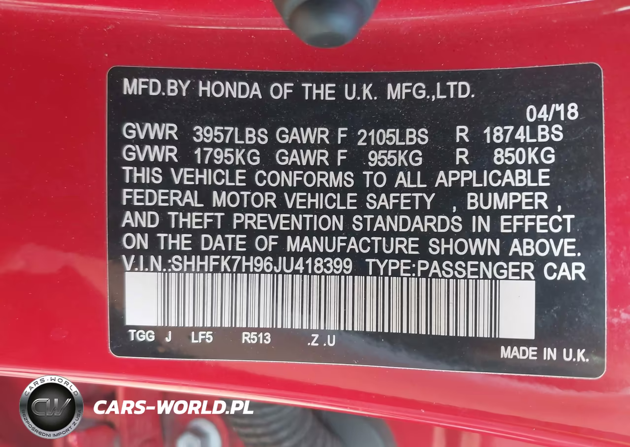 2018 Honda Civic Sport Touring VIN:SHHFK7H96JU418399 - 9