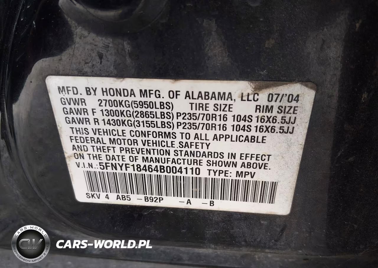 2004 Honda Pilot Ex VIN:5FNYF18464B004110 - 9