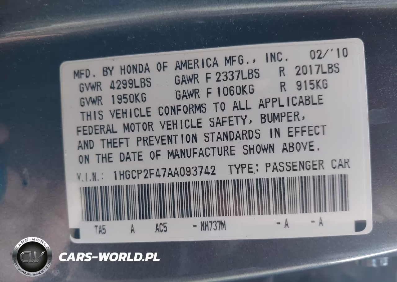 2010 Honda Accord 2.4 Lx-P VIN:1HGCP2F47AA093742 - 9