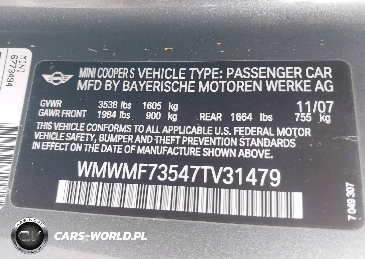 2007 Mini Cooper S VIN:WMWMF73547TV31479 - 9