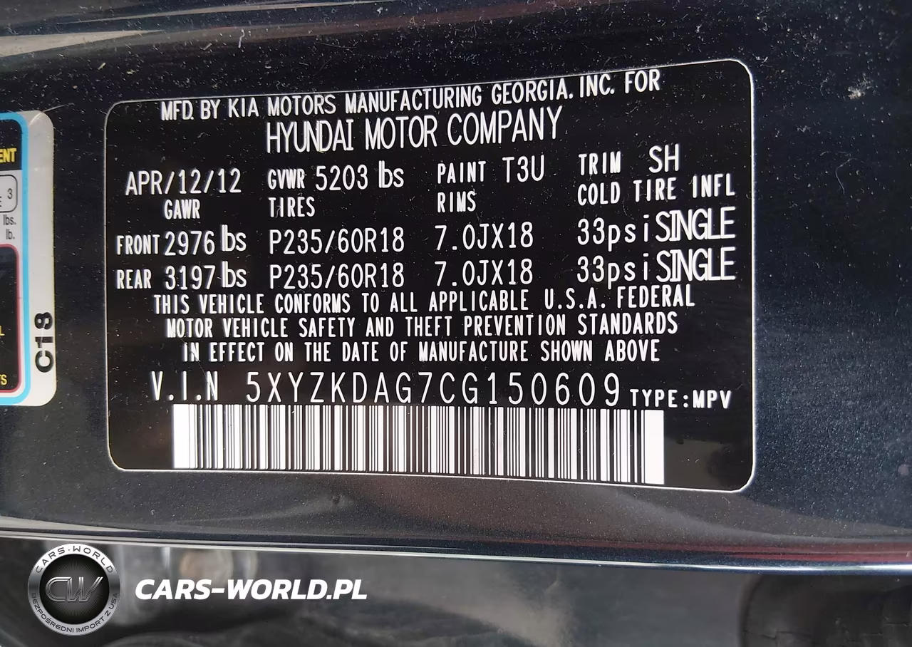 2012 Hyundai Santa Fe Limited V6 VIN:5XYZKDAG7CG150609 - 9