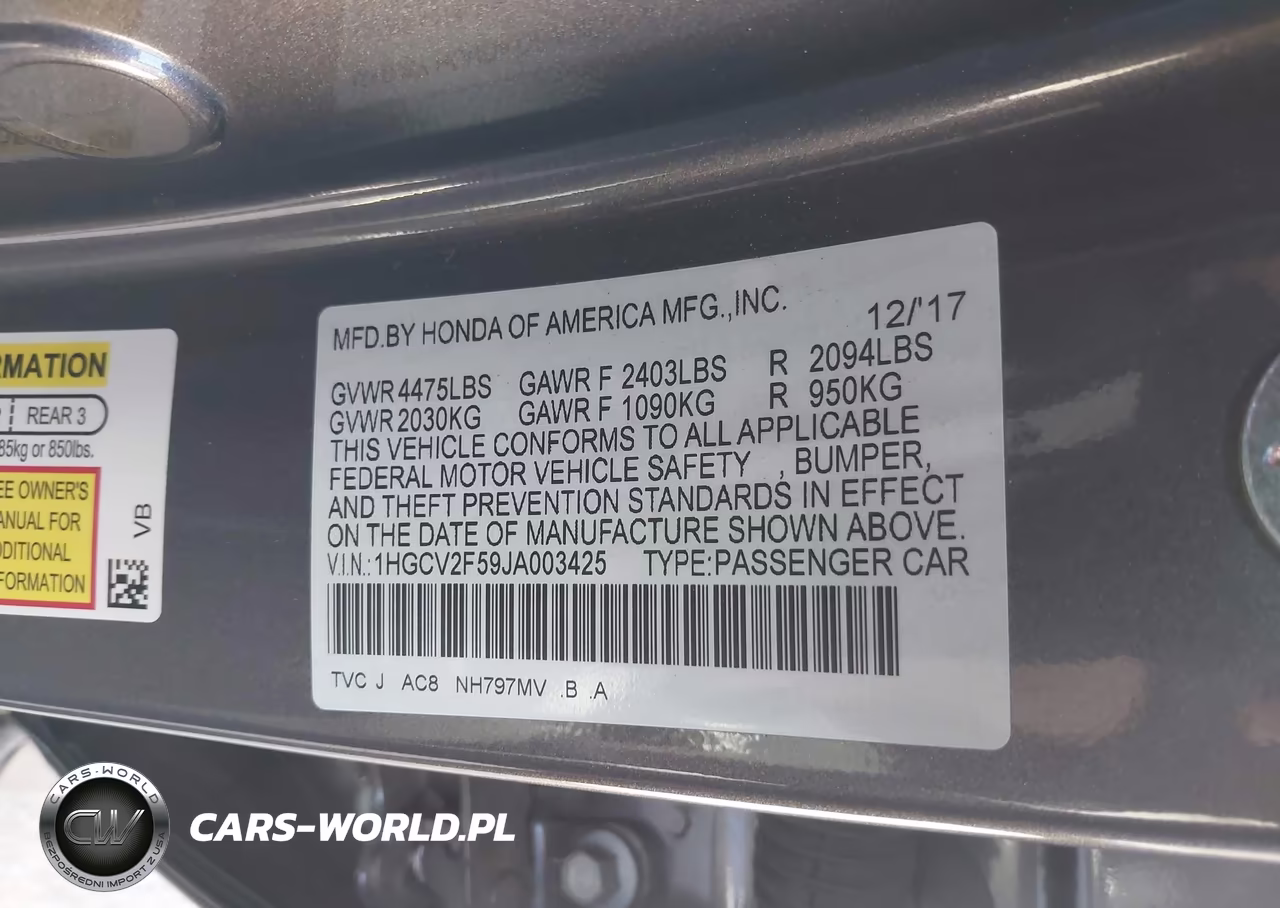 2018 Honda Accord Ex-L 2.0T VIN:1HGCV2F59JA003425 - 9