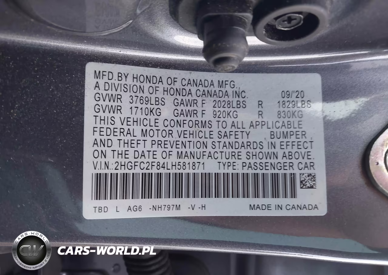 2020 Honda Civic Sport VIN:2HGFC2F84LH581871 - 9
