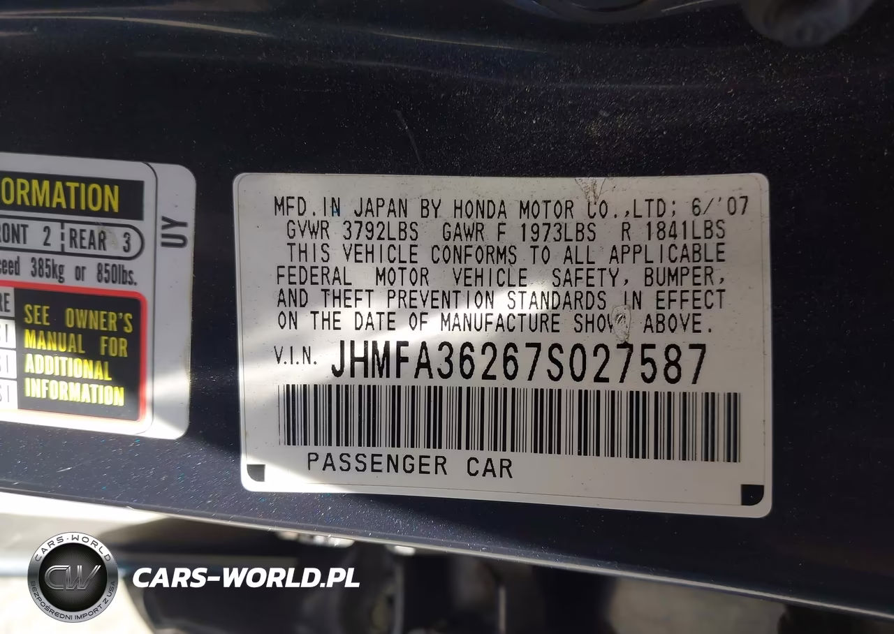 2007 Honda Civic Hybrid VIN:JHMFA36267S027587 - 9