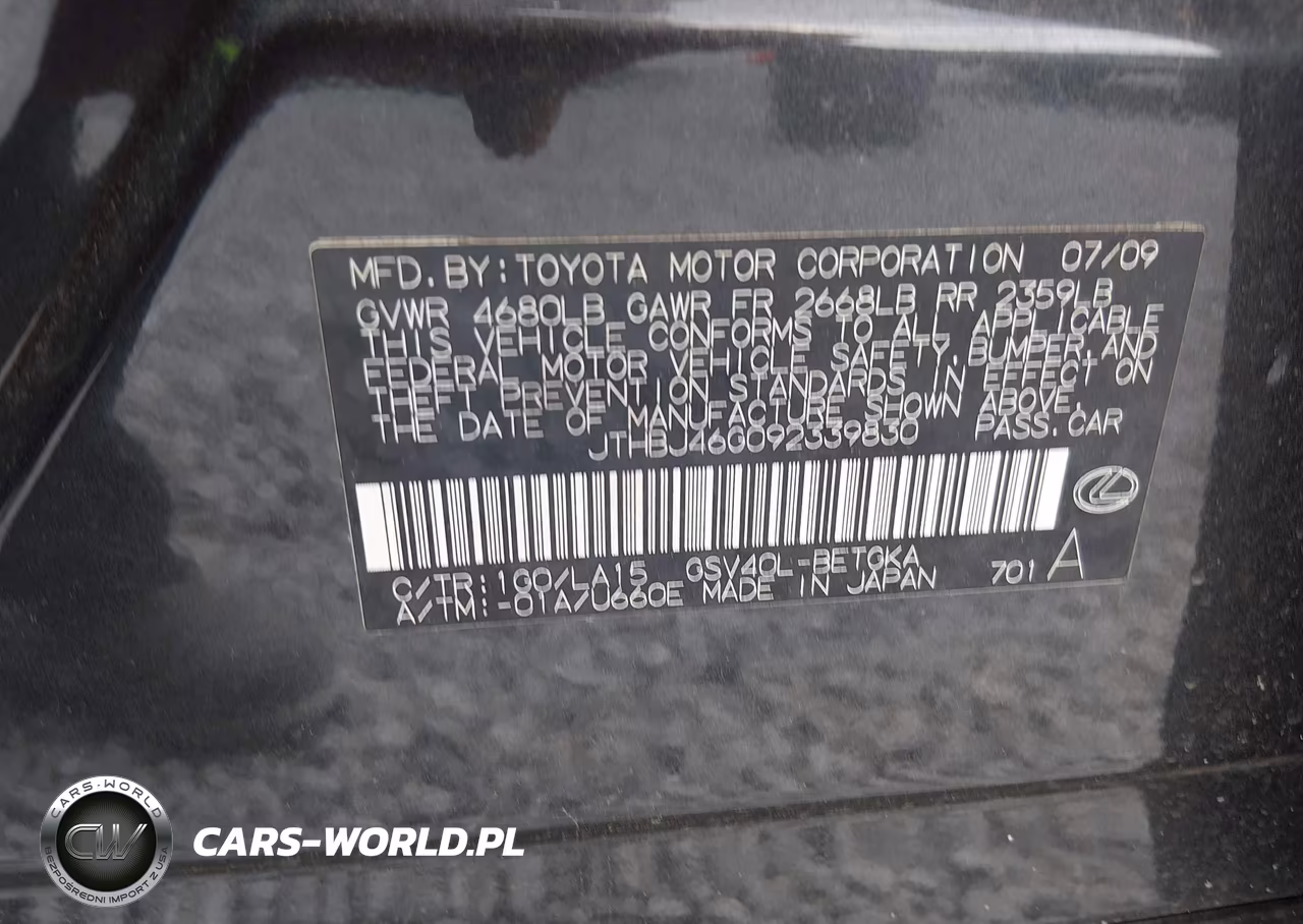 2009 Lexus Es 350 VIN:JTHBJ46G092339830 - 9