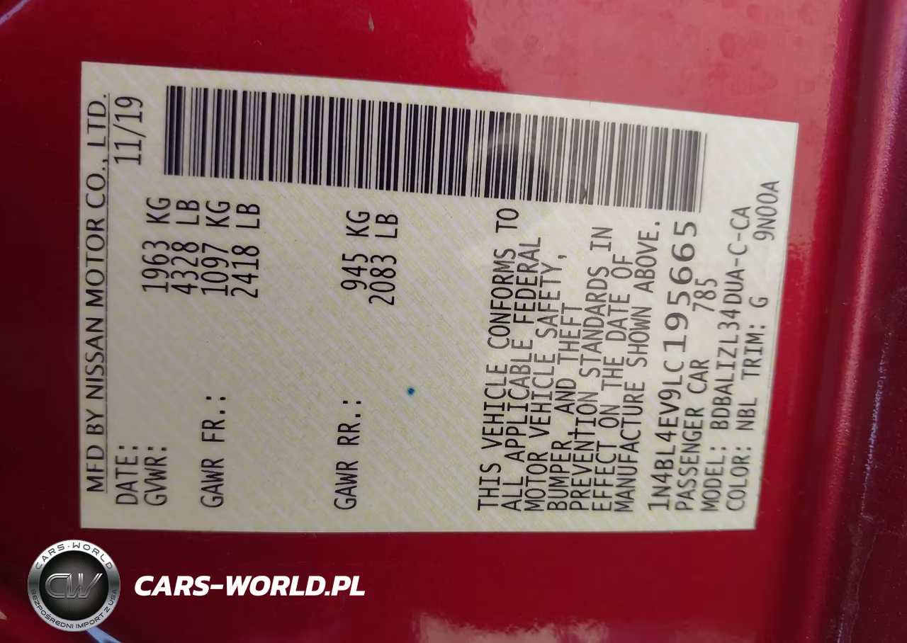 2020 Nissan Altima Sl Fwd VIN:1N4BL4EV9LC195665 - 9