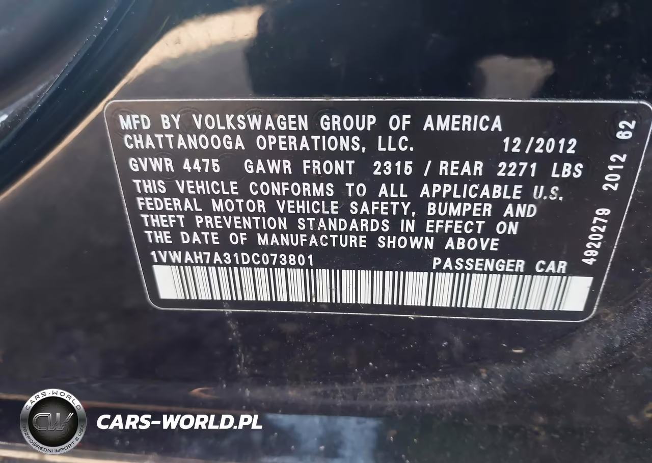 2013 Volkswagen Passat 2.5L S VIN:1VWAH7A31DC073801 - 9