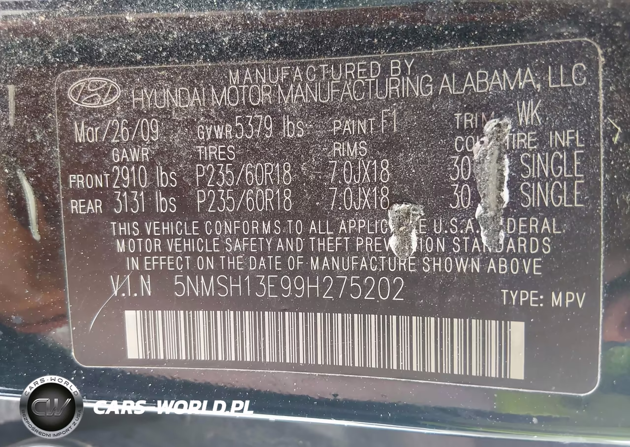 2009 Hyundai Santa Fe Limited VIN:5NMSH13E99H275202 - 9