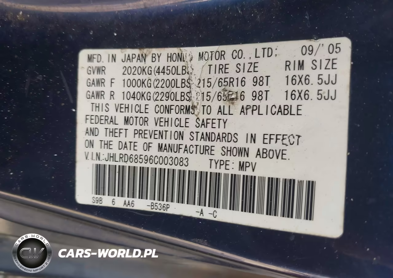 2006 Honda Cr-V Lx VIN:JHLRD68596C003083 - 9
