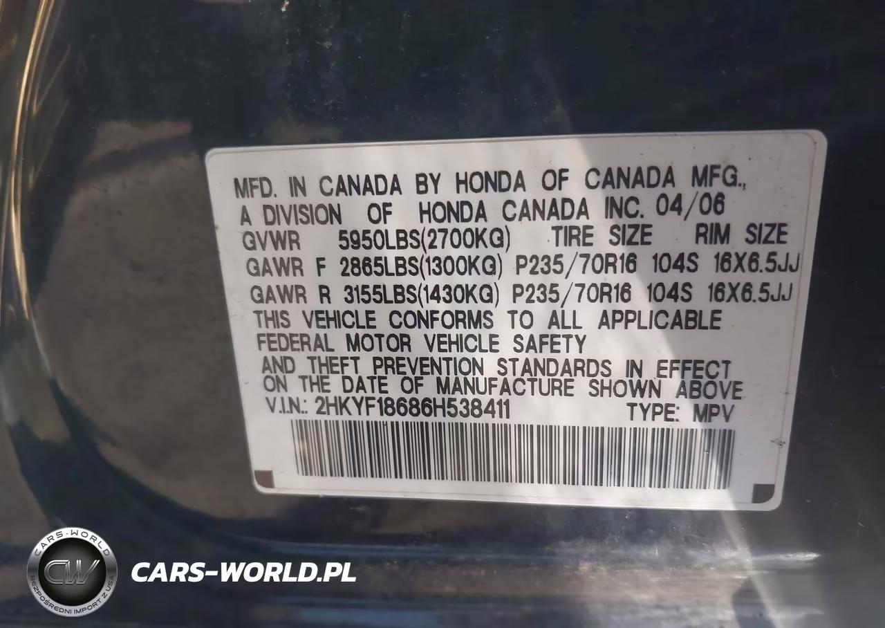 2006 Honda Pilot Ex-L VIN:2HKYF18686H538411 - 9