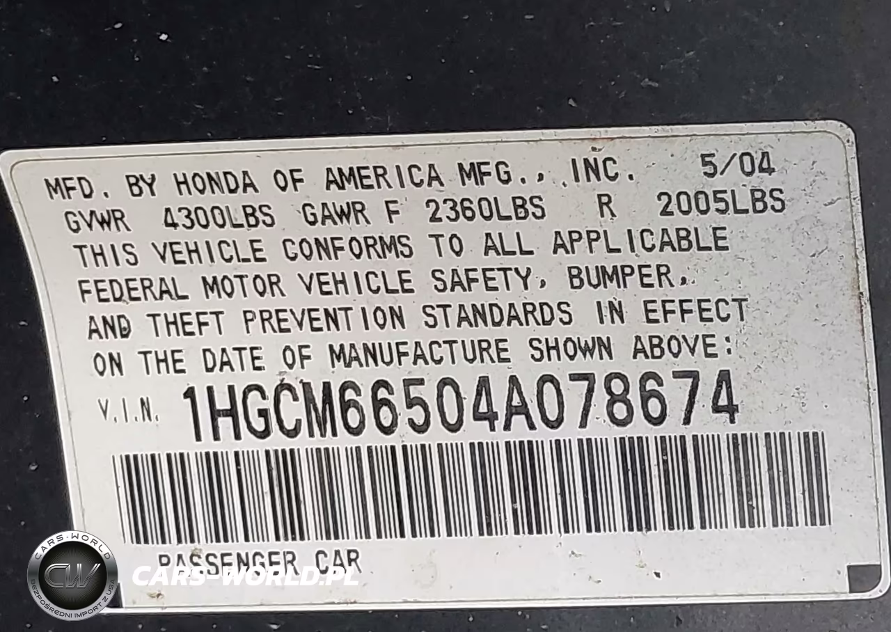 2004 Honda Accord 3.0 Ex VIN:1HGCM66504A078674 - 9