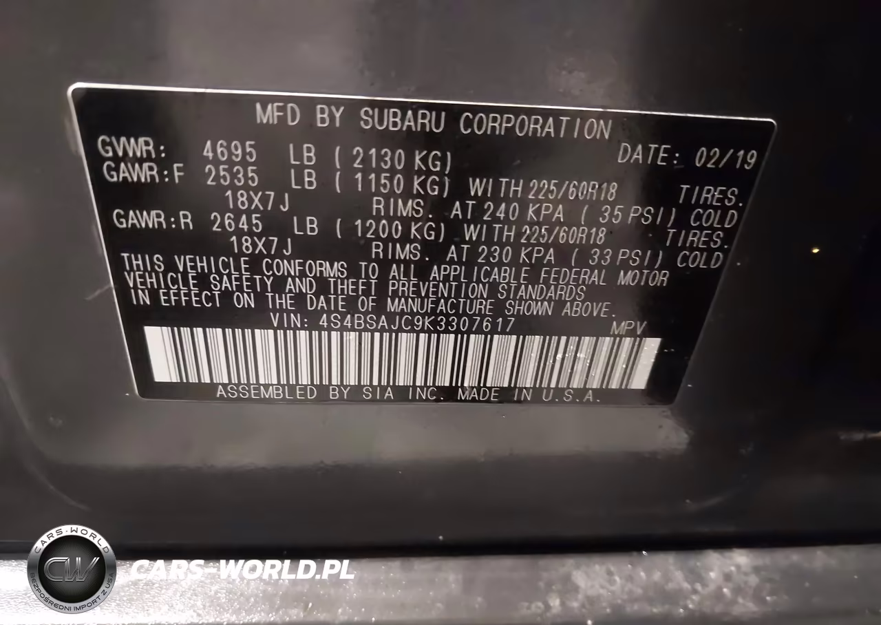 2019 Subaru Outback 2.5I Limited VIN:4S4BSAJC9K3307617 - 9