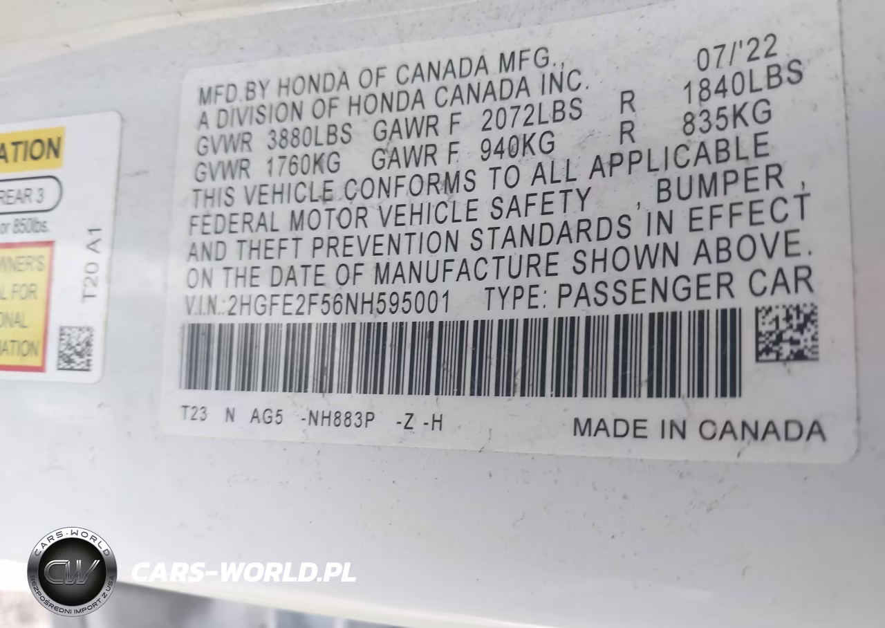 2022 Honda Civic Sport VIN:2HGFE2F56NH595001 - 9