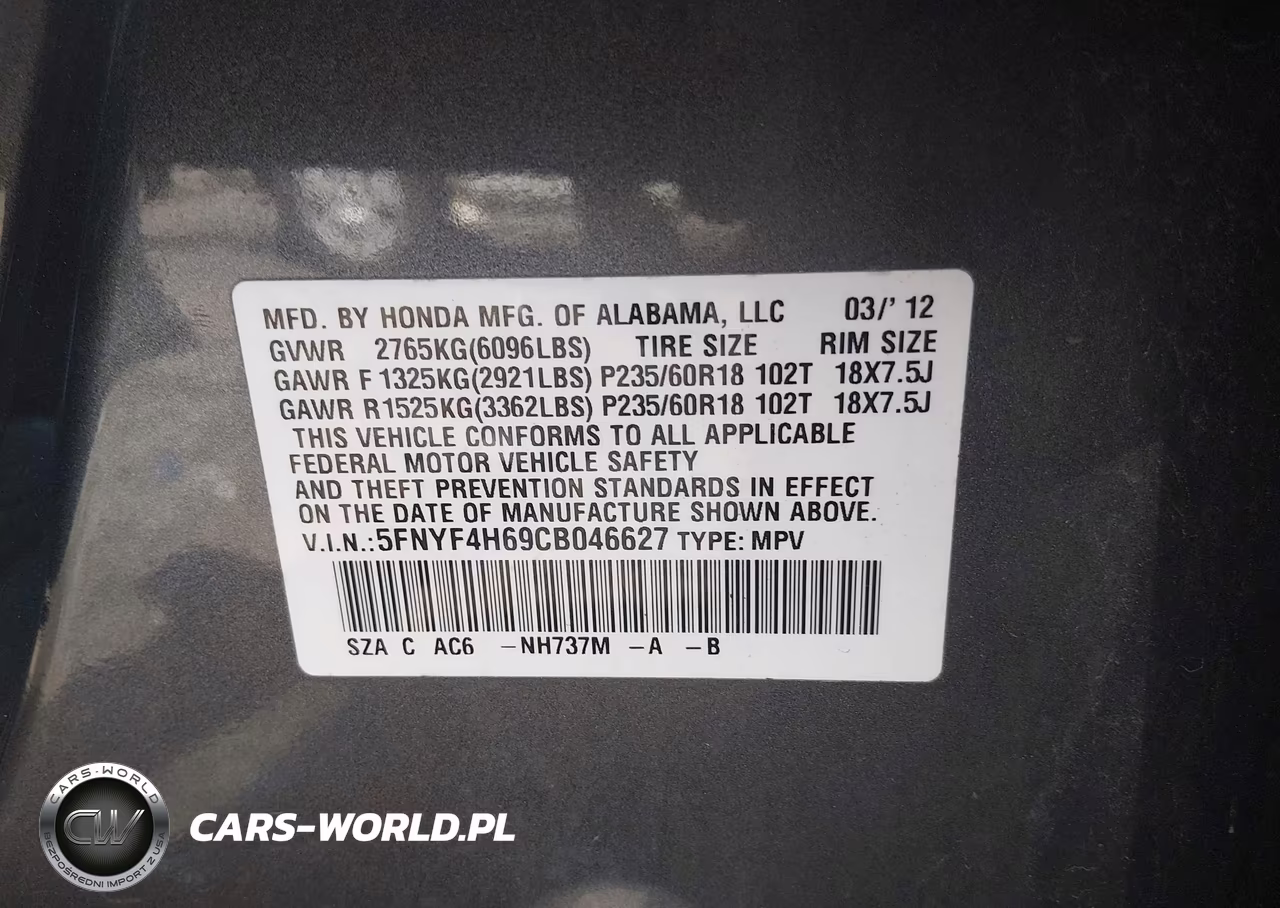 2012 Honda Pilot Ex-L VIN:5FNYF4H69CB046627 - 9