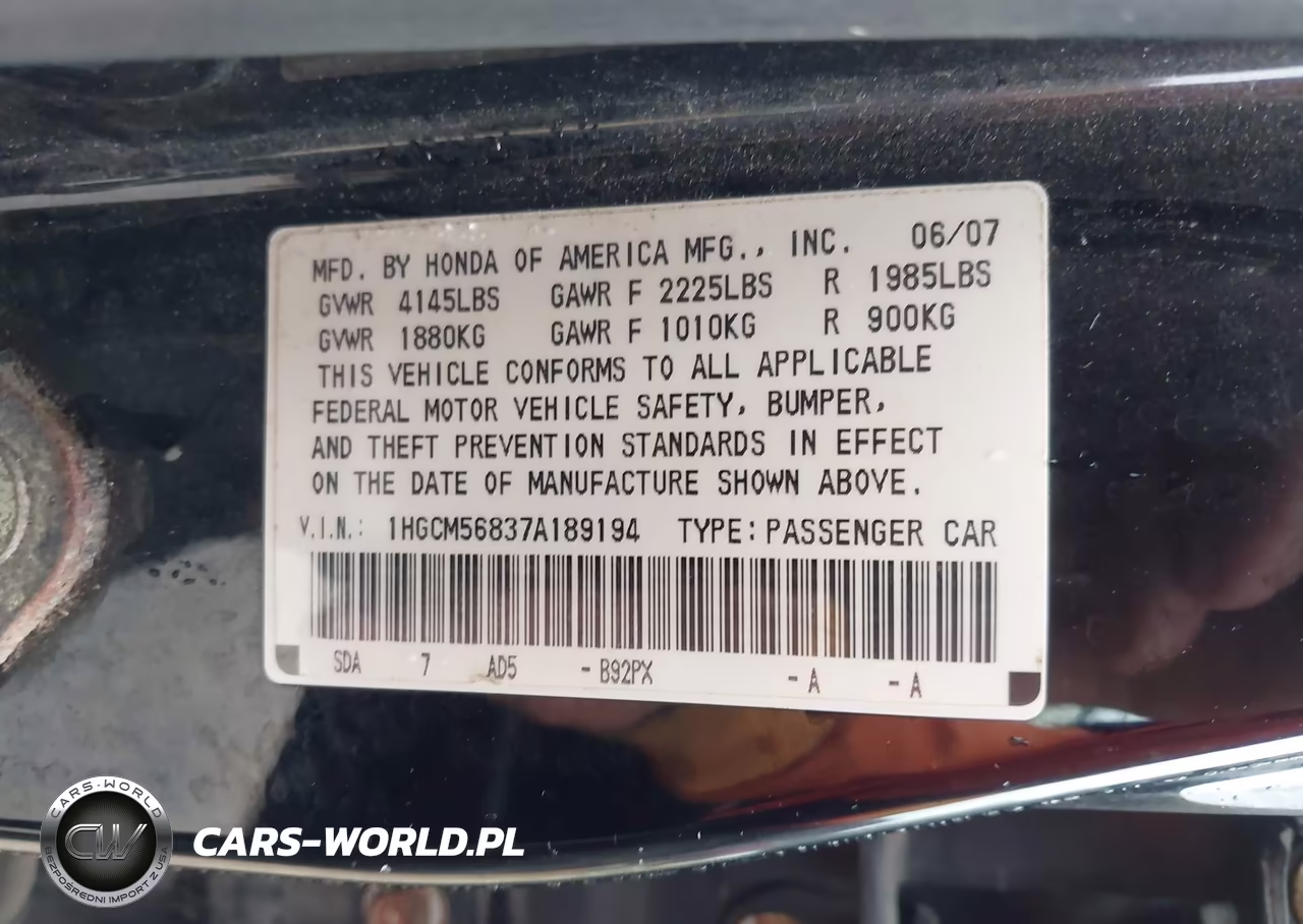 2007 Honda Accord 2.4 Ex VIN:1HGCM56837A189194 - 9