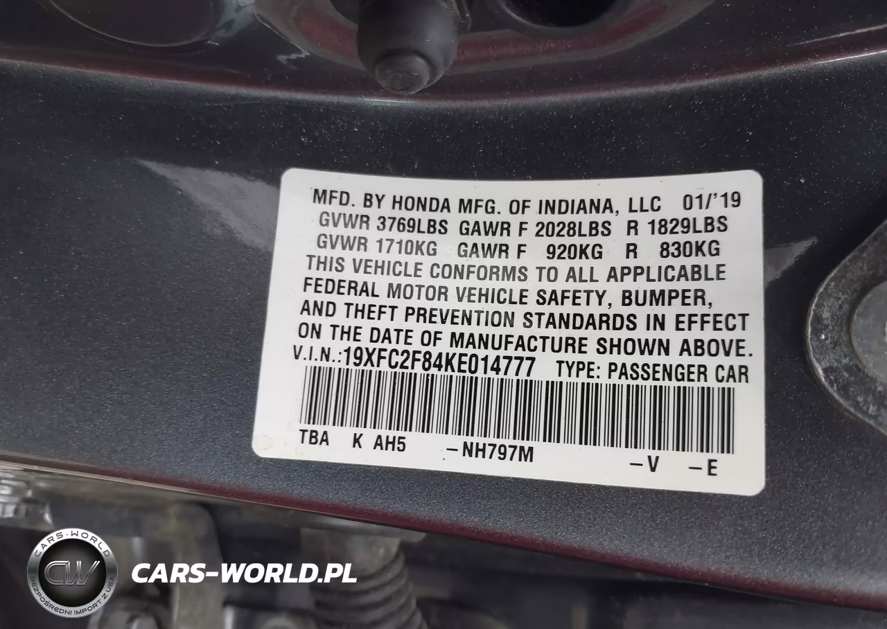2019 Honda Civic Sport VIN:19XFC2F84KE014777 - 9