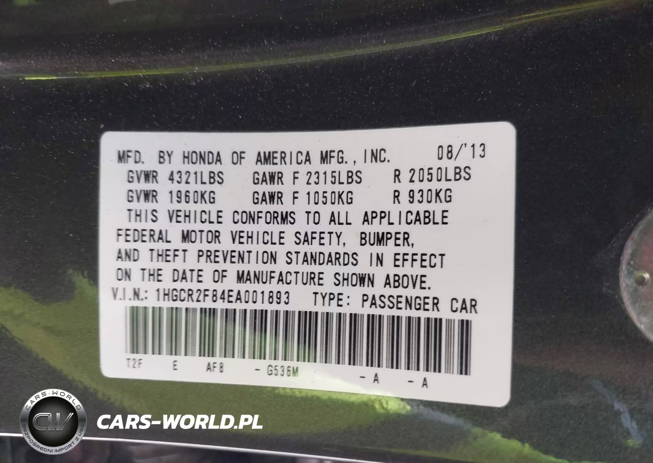 2014 Honda Accord Ex-L VIN:1HGCR2F84EA001893 - 9