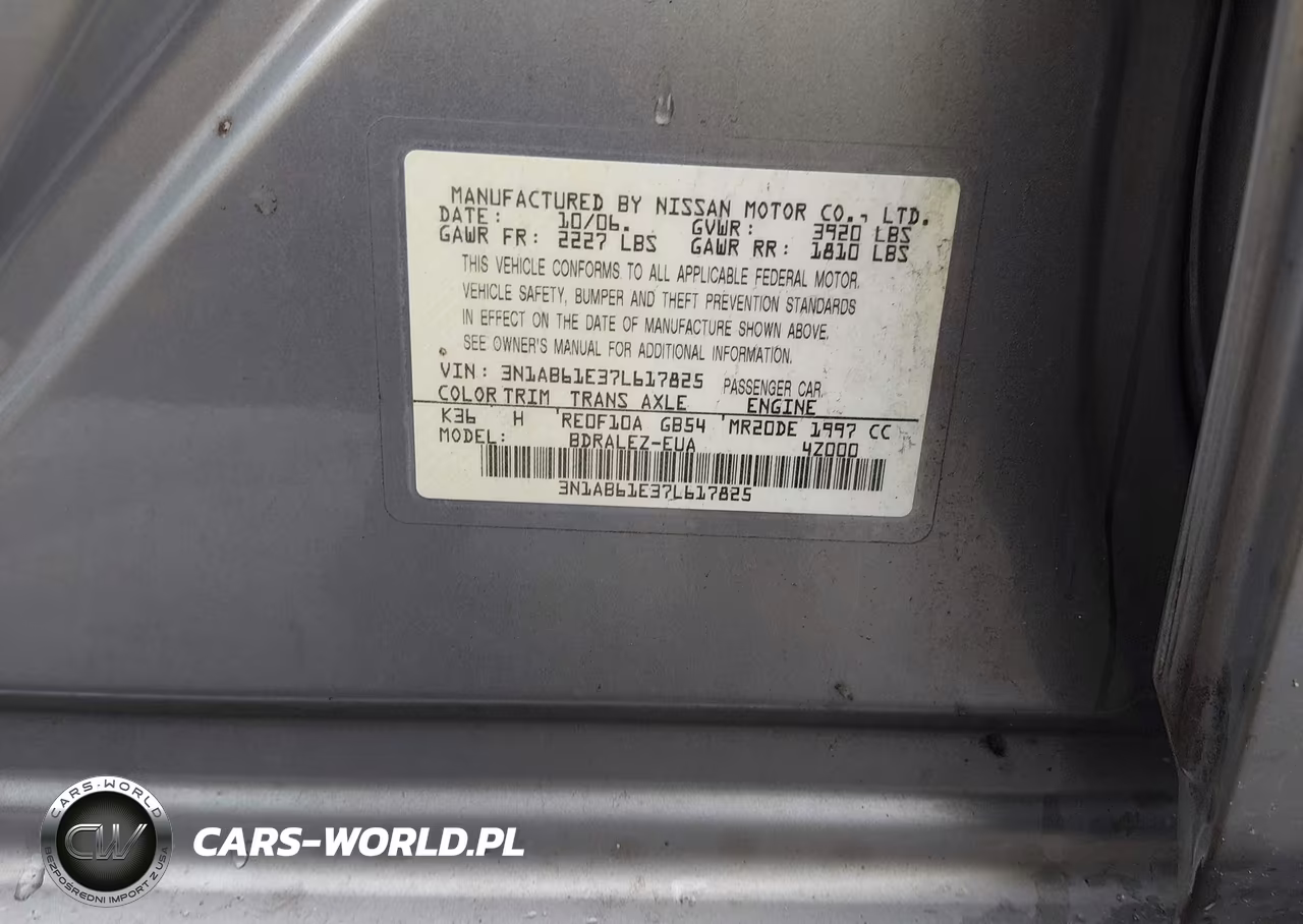 2007 Nissan Sentra 2.0S VIN:3N1AB61E37L617825 - 9