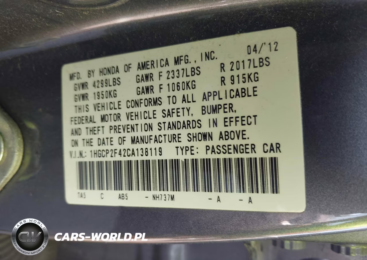 2012 Honda Accord 2.4 Lx-P VIN:1HGCP2F42CA138119 - 9