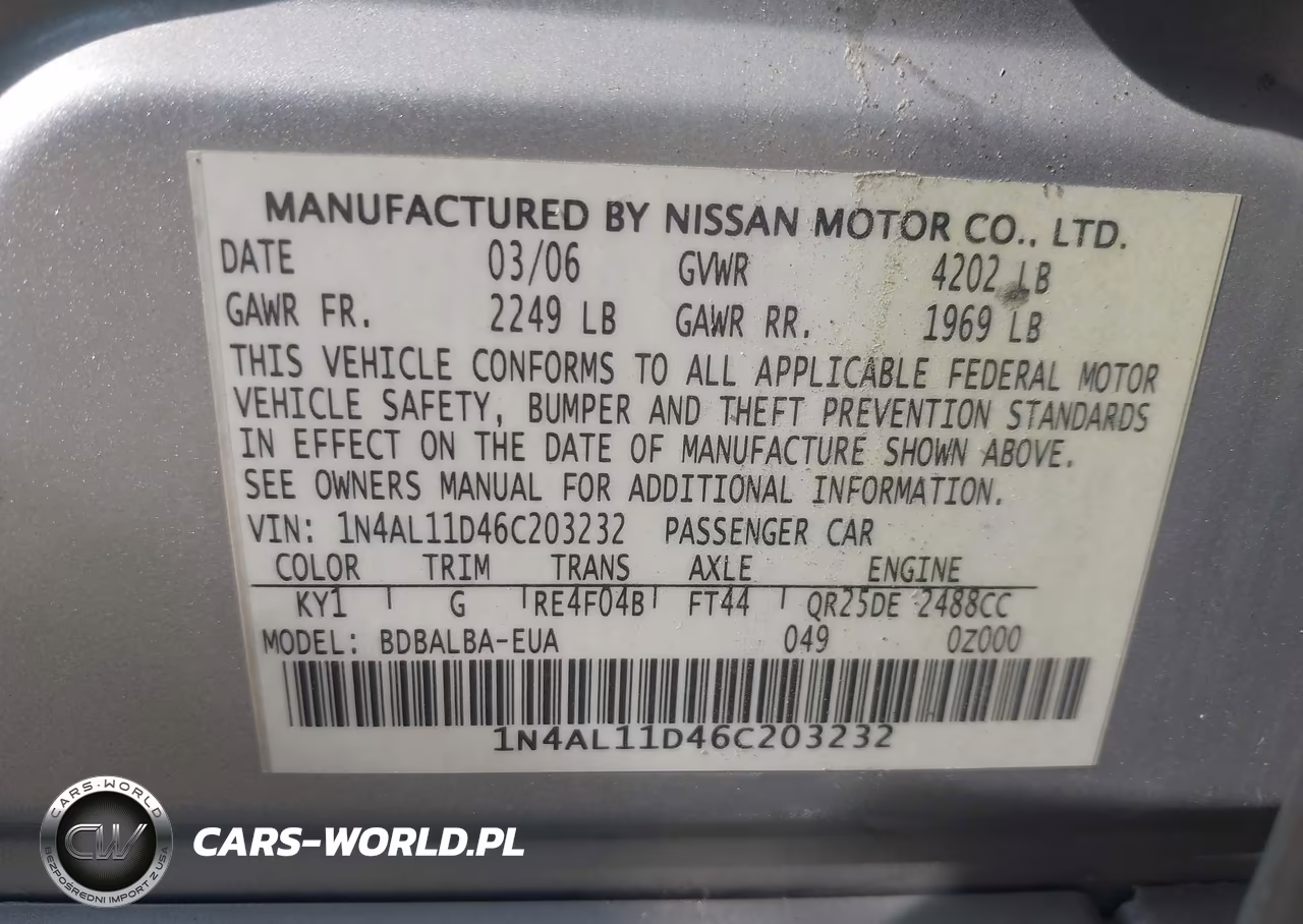 2006 Nissan Altima 2.5 S VIN:1N4AL11D46C203232 - 9