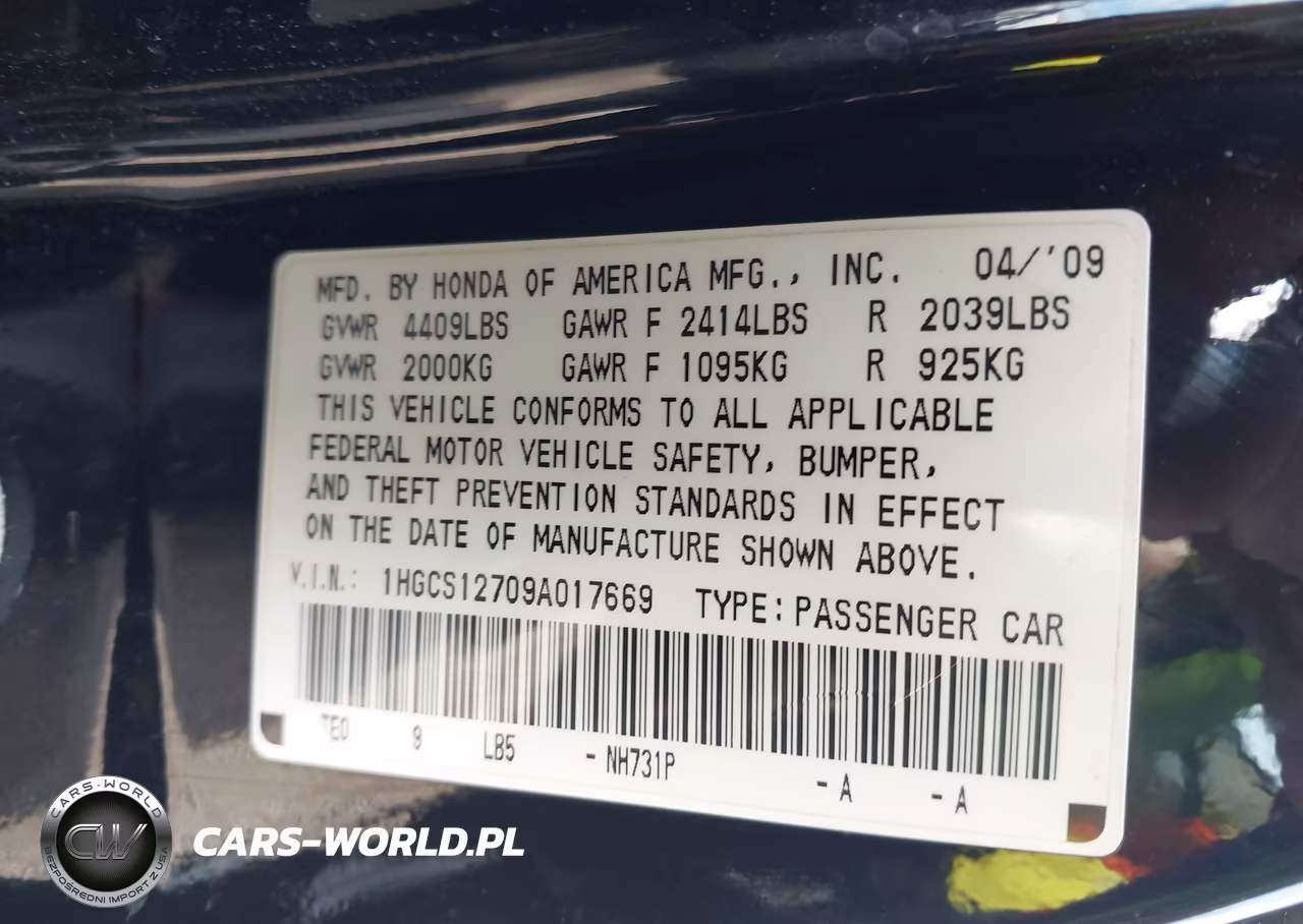 2009 Honda Accord 2.4 Ex VIN:1HGCS12709A017669 - 9