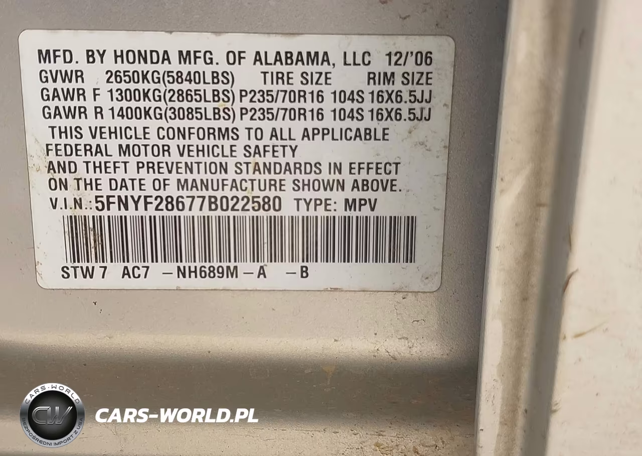 2007 Honda Pilot Ex-L VIN:5FNYF28677B022580 - 9