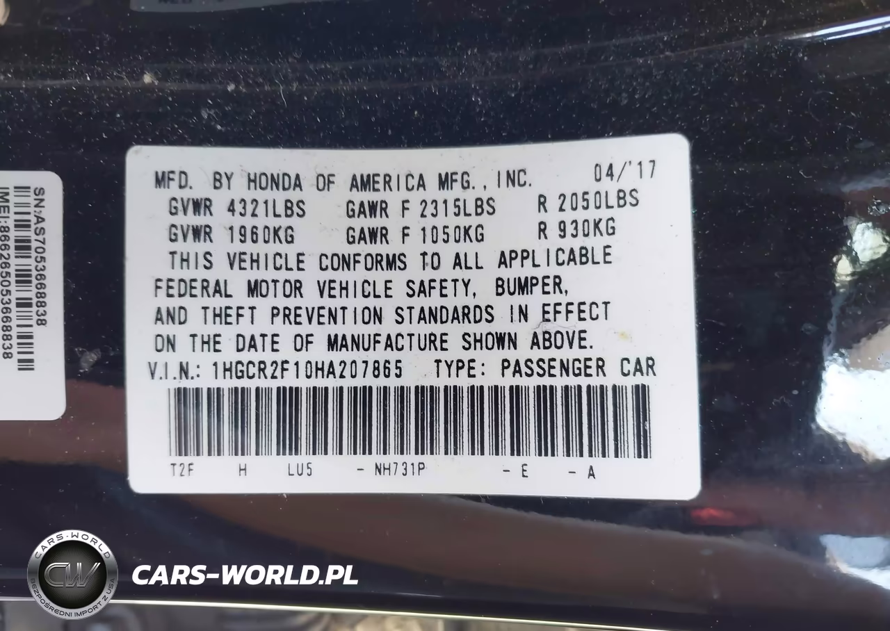 2017 Honda Accord Sport Se VIN:1HGCR2F10HA207865 - 9