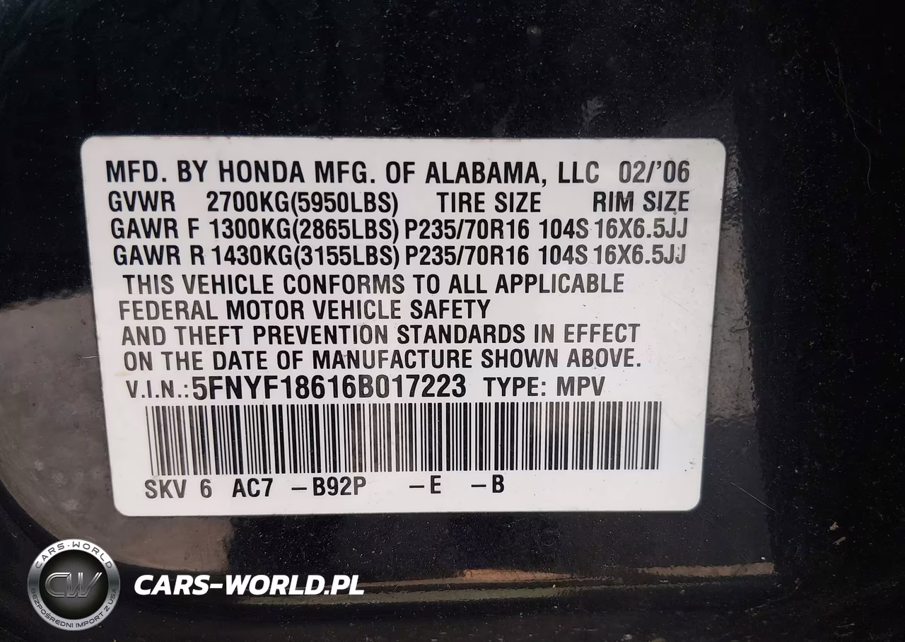 2006 Honda Pilot Ex-L VIN:5FNYF18616B017223 - 9