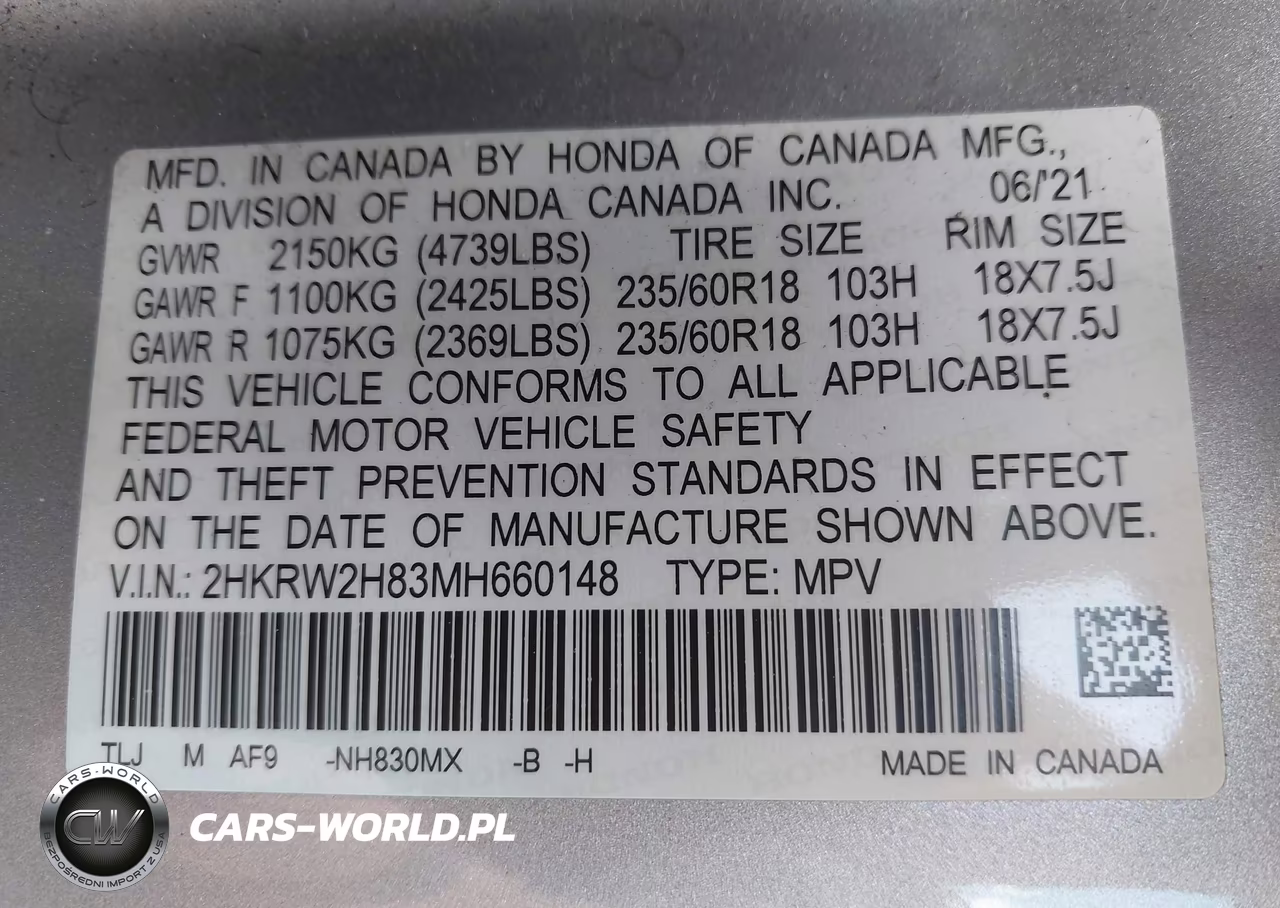 2021 Honda Cr-V Awd Ex-L VIN:2HKRW2H83MH660148 - 9