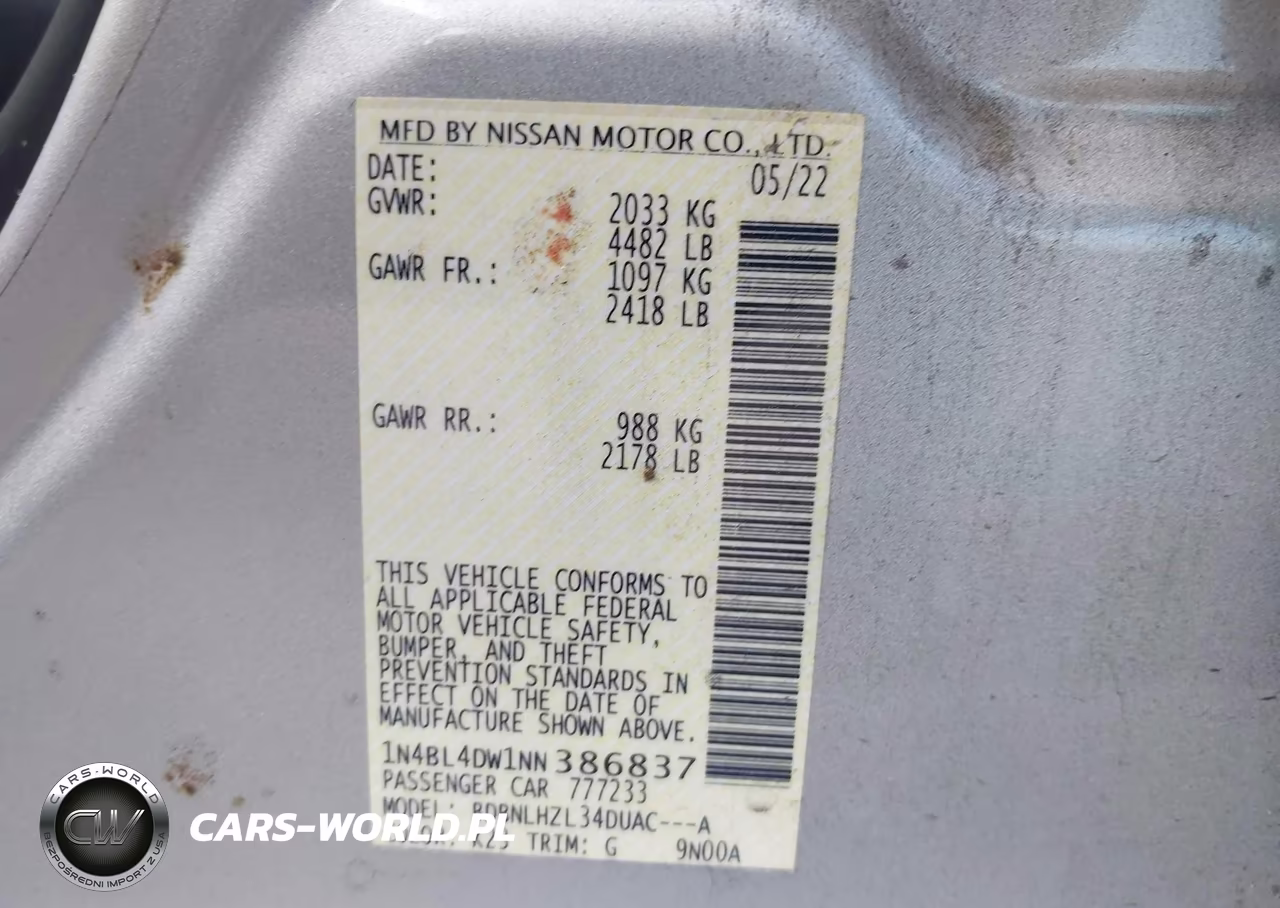 2022 Nissan Altima Sv Intelligent Awd VIN:1N4BL4DW1NN386837 - 9