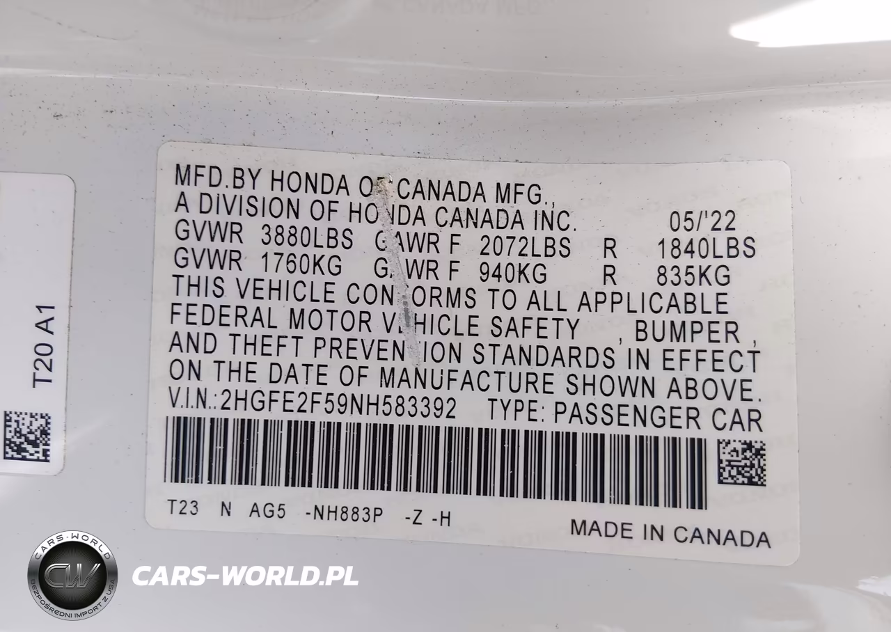 2022 Honda Civic Sport VIN:2HGFE2F59NH583392 - 9