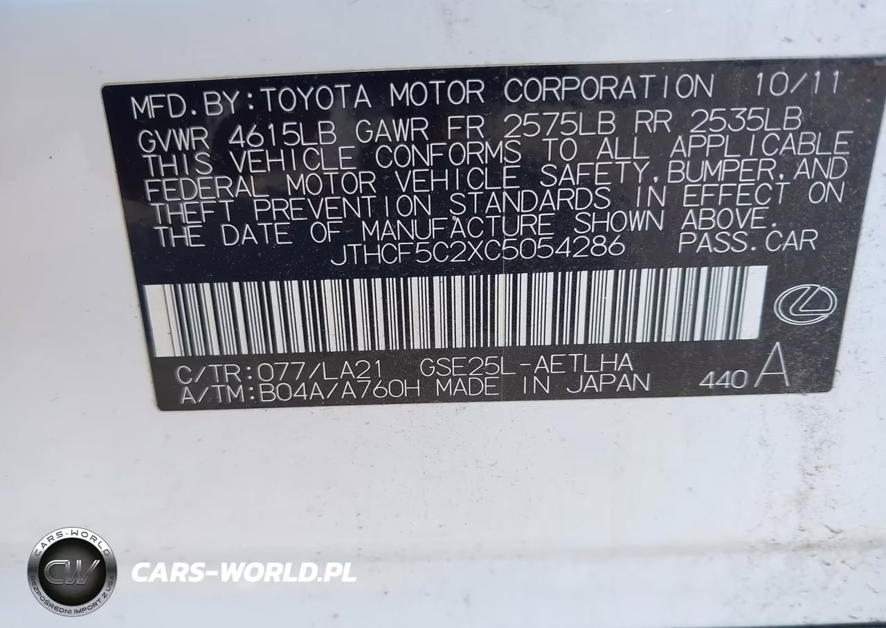 2012 Lexus Is 250 VIN:JTHCF5C2XC5054286 - 9