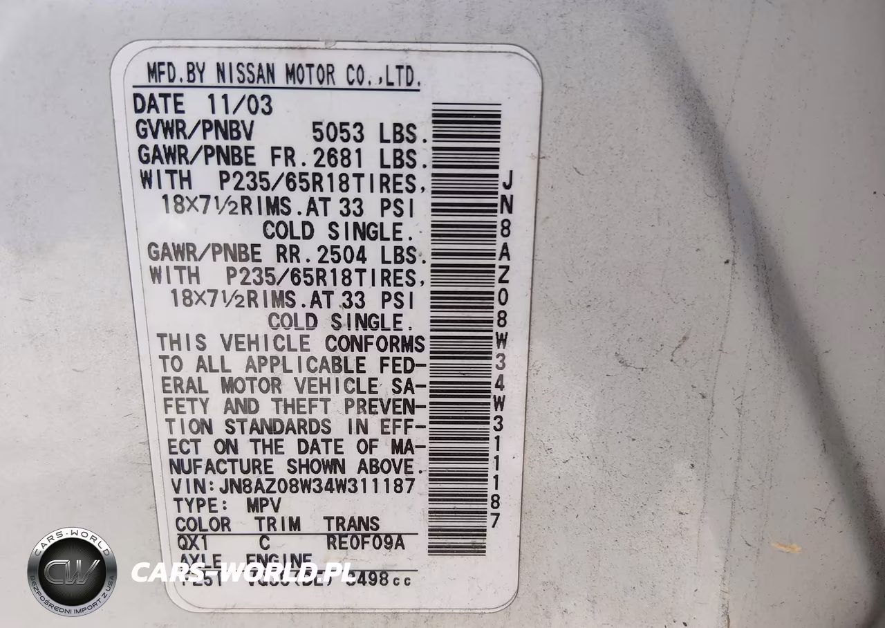 2004 Nissan Murano Sl VIN:JN8AZ08W34W311187 - 9