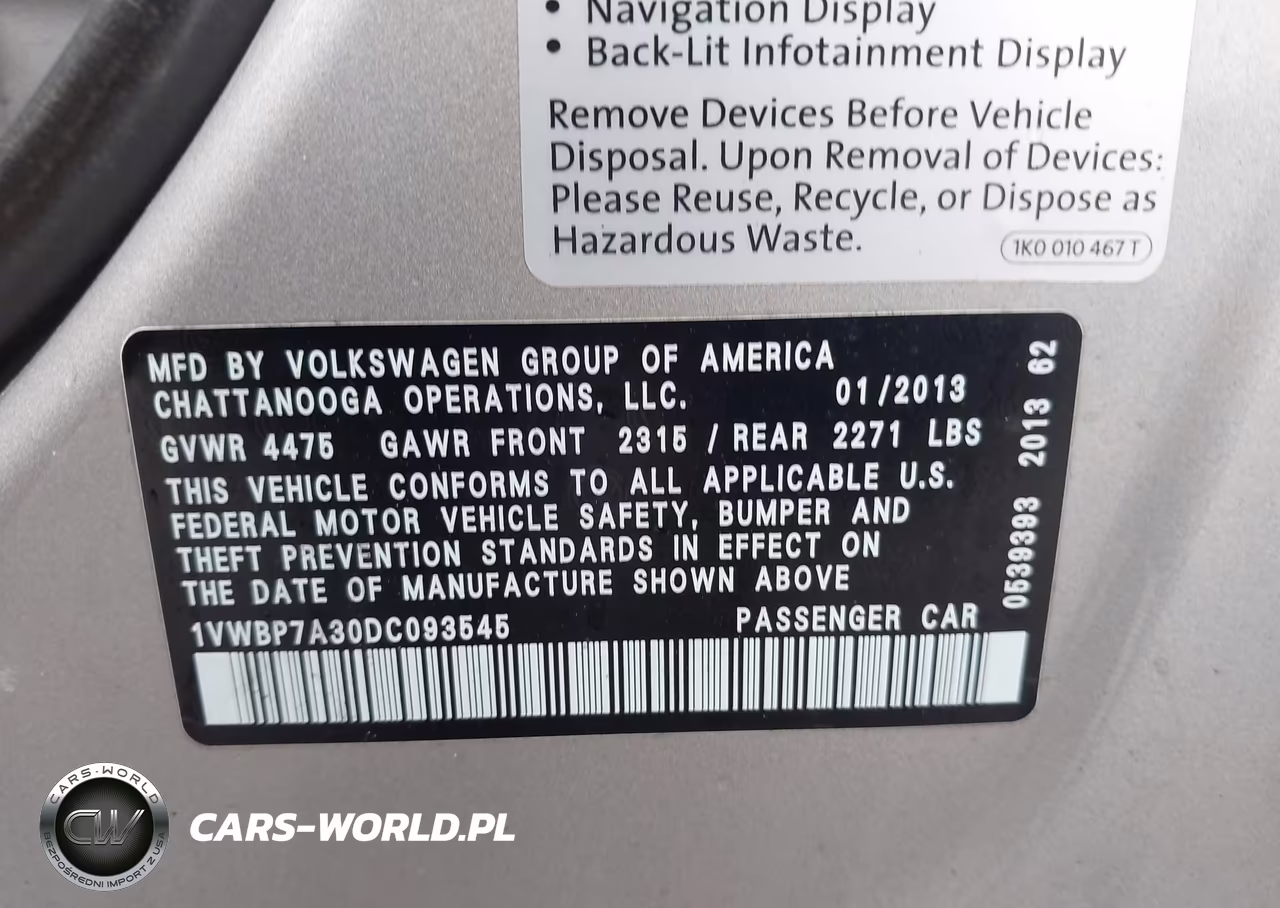 2013 Volkswagen Passat 2.5L Se VIN:1VWBP7A30DC093545 - 9