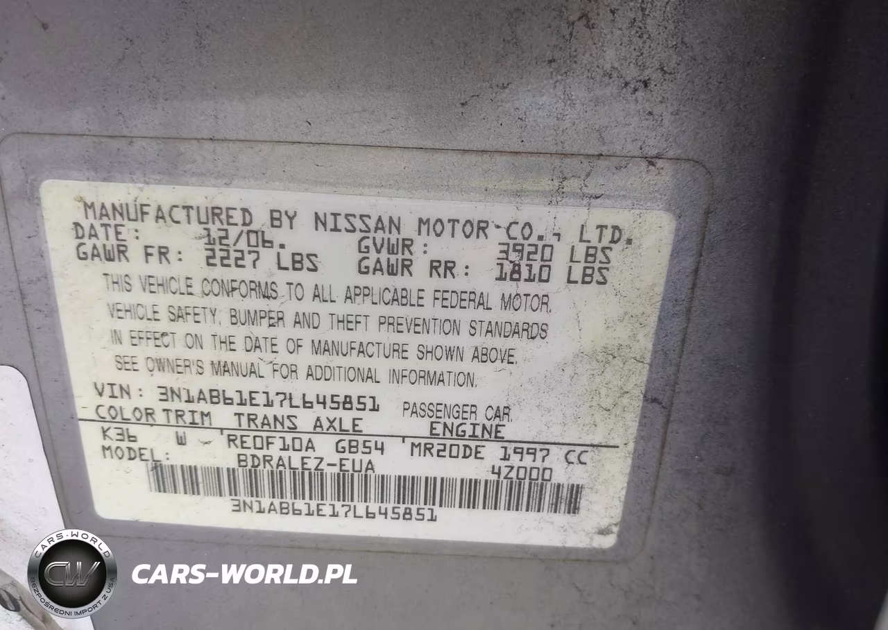 2007 Nissan Sentra 2.0S VIN:3N1AB61E17L645851 - 9