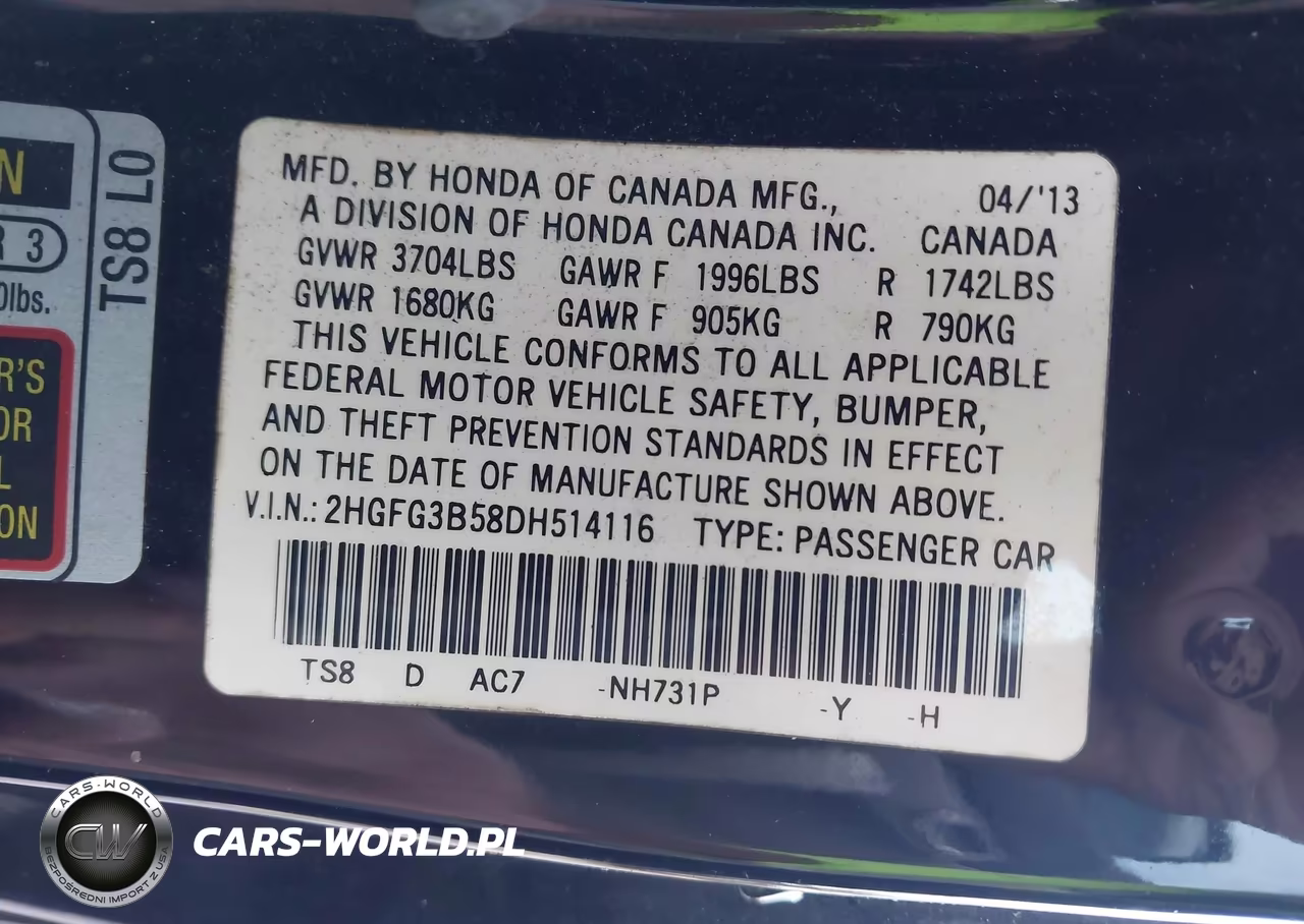 2013 Honda Civic Lx VIN:2HGFG3B58DH514116 - 9