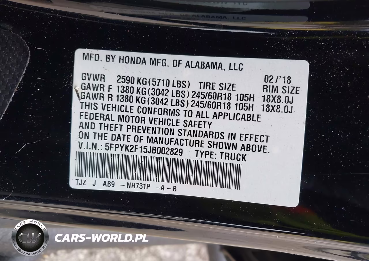 2018 Honda Ridgeline Sport VIN:5FPYK2F15JB002829 - 9