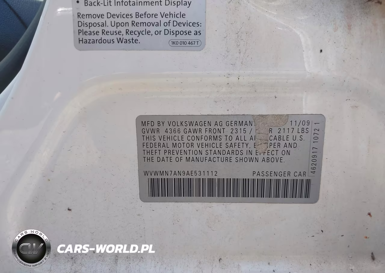 2010 Volkswagen Cc Sport VIN:WVWMN7AN9AE531112 - 9