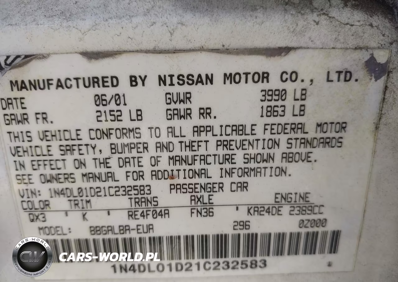 2001 Nissan Altima Gxe VIN:1N4DL01D21C232583 - 9