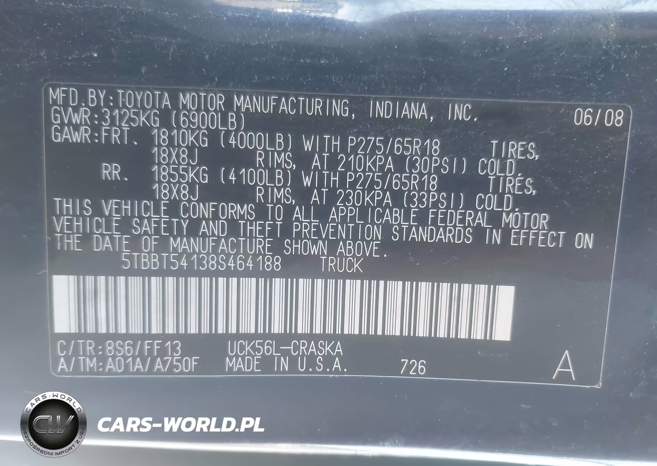 2008 Toyota Tundra Sr5 4.7L V8 VIN:5TBBT54138S464188 - 9